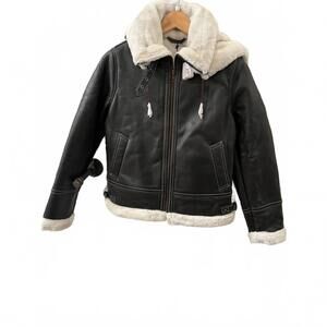 NEW DECRUM women's genuine leather shearling jacket in dark brown with white